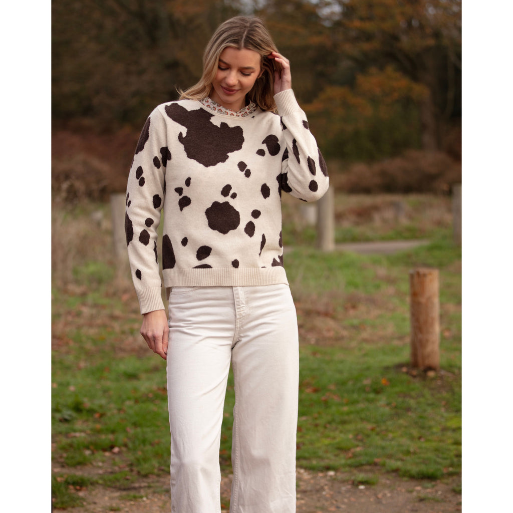 Cowhide Intarsia Crew Neck Cashmere and Merino - Kitted in Cashmere