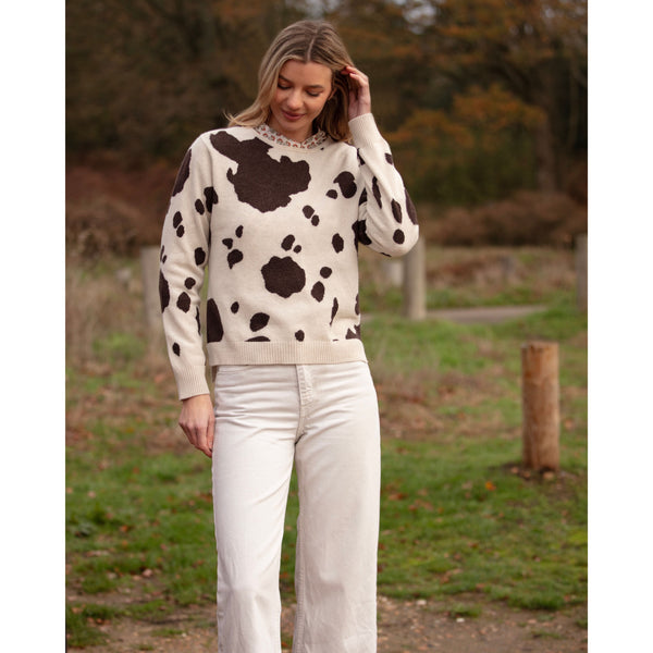Cowhide Intarsia Crew Neck Cashmere and Merino - Kitted in Cashmere
