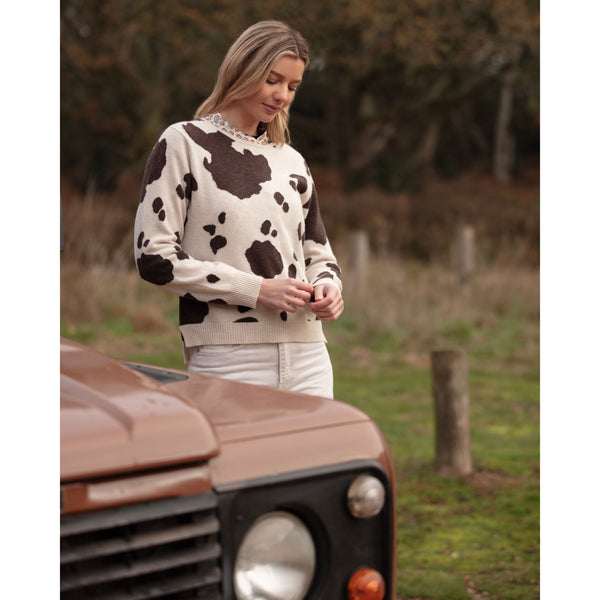 Cowhide Intarsia Crew Neck Cashmere and Merino - Kitted in Cashmere
