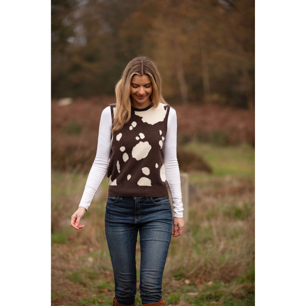 Cowhide Sleeveless Intarsia Crew Neck Cashmere Merino - Kitted in Cashmere