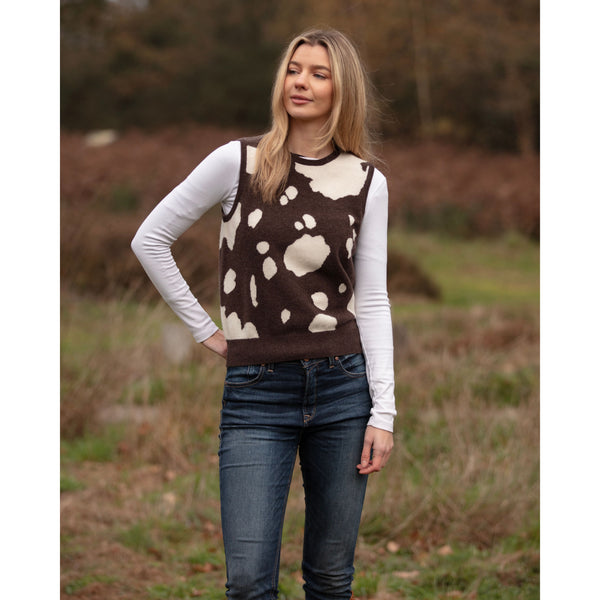 Cowhide Sleeveless Intarsia Crew Neck Cashmere Merino - Kitted in Cashmere
