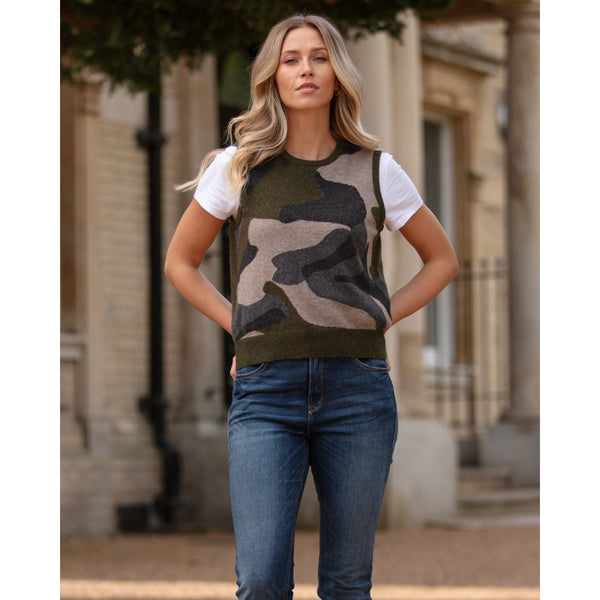 Pure Cashmere Camouflage Sleeveless Crew Neck