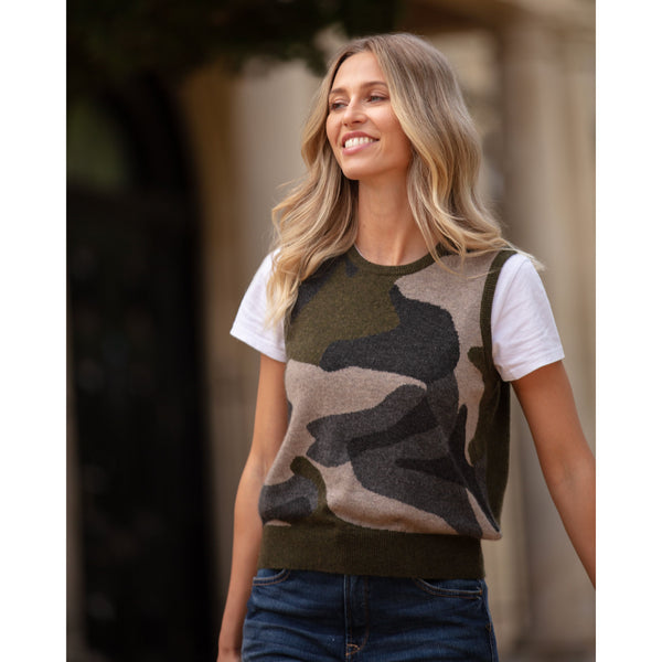 Pure Cashmere Camouflage Sleeveless Crew Neck