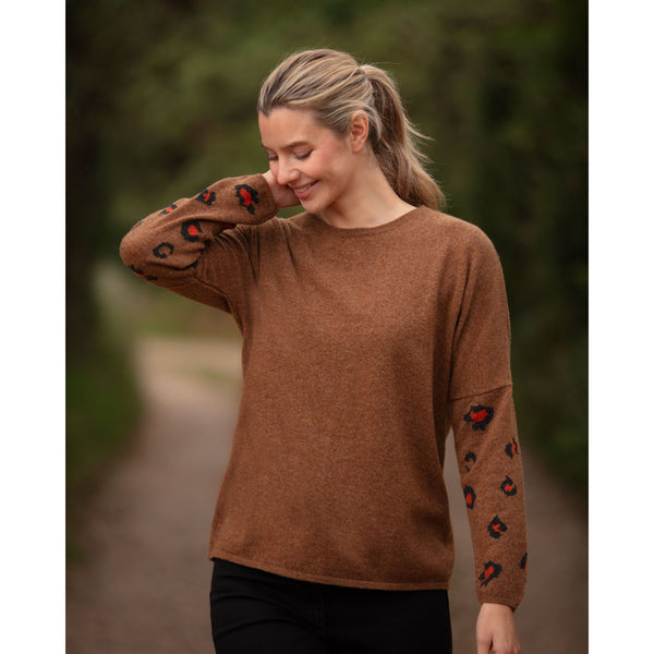 The Pure Cashmere Leopard Sleeve Intarsia Crew Neck